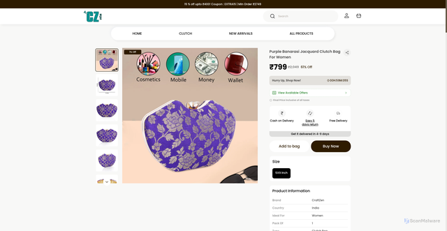 Security scan screenshot of https://craftzen.shop/Purple-Banarasi-Jacquard-Clutch-Bag-For-Women/catalogue/cPeUJTRj/49lhavZK