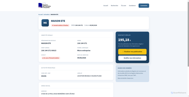 Security scan screenshot of https://xn--registre-societes-franaise-dkc.fr/verification/M025H8