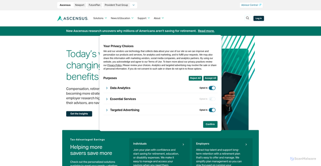 Security scan screenshot of https://www.ascensus.com