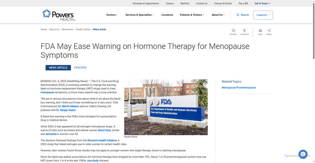 Security scan screenshot of https://www.powershealth.org/about-us/newsroom/health-library/2025/10/06/fda-may-ease-warning-on-hormone-therapy-for-menopause-symptoms