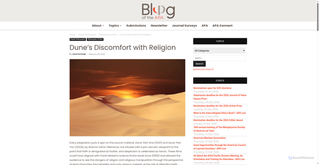 Security scan screenshot of https://blog.apaonline.org/2026/02/26/dunes-discomfort-with-religion/