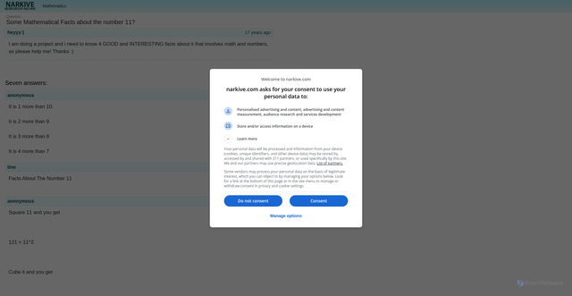 Security scan screenshot of https://mathematics.science.narkive.com/1RH5ghqv/some-mathematical-facts-about-the-number-11
