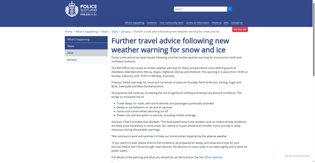 Security scan screenshot of https://www.scotland.police.uk/what-s-happening/news/2026/january/further-travel-advice-following-new-weather-warning-for-snow-and-ice/