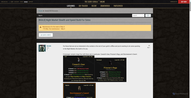 Security scan screenshot of https://forums.elderscrollsonline.com/en/discussion/692214/build-night-market-stealth-and-speed-build-for-solos