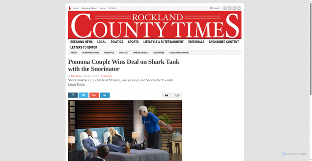 Security scan screenshot of https://rocklandtimes.com/2025/10/11/pomona-couple-wins-deal-on-shark-tank-with-the-snorinator/michael-strahan-lori-greiner-lloyd-ecker/