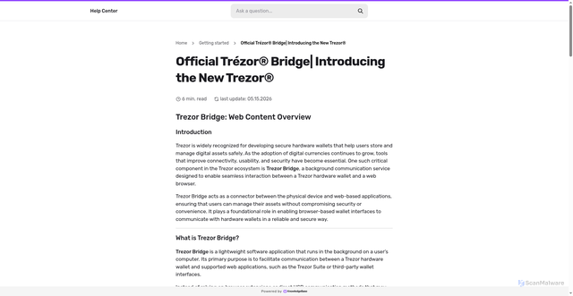 Security scan screenshot of https://learn-bridge.kb.help/official-trezor-bridge-introducing-the-new-trezor/