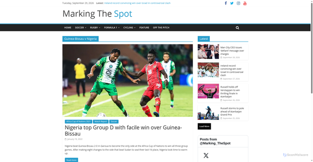 Security scan screenshot of https://www.markingthespot.com/tag/guinea-bissau-v-nigeria/