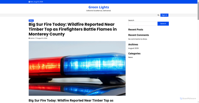 Security scan screenshot of https://greenlights.today/big-sur-fire-today-wildfire-reported-near-timber-top-as-firefighters-battle-flames-in-monterey-county/