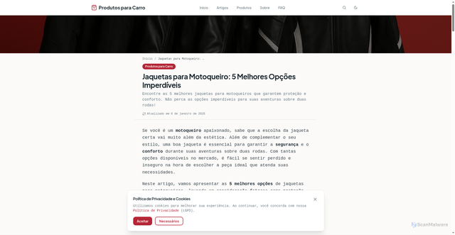 Security scan screenshot of https://produtosdecarro.com/artigo/jaquetas-para-motoqueiro-5-melhores-opcoes-imperdiveis