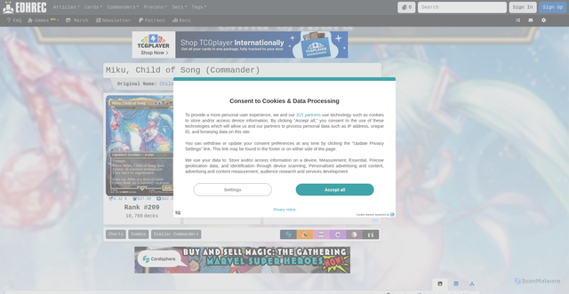 Security scan screenshot of https://edhrec.com/commanders/miku-child-of-song