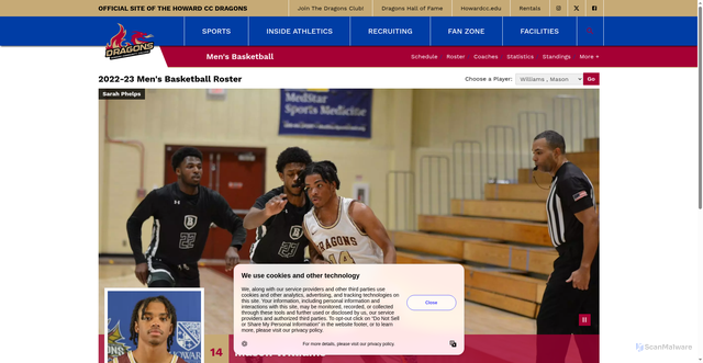 Security scan screenshot of https://howardccdragons.com/sports/mens-basketball/roster/mason-williams/2441
