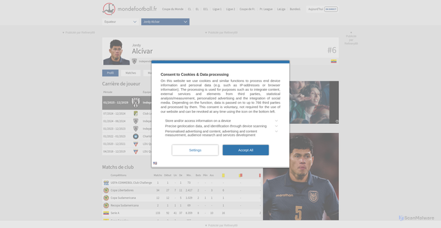 Security scan screenshot of https://www.mondefootball.fr/person/pe541860/jordy-alcivar/