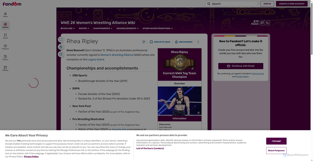 Security scan screenshot of https://wwe-2k-womens-wrestling-alliance.fandom.com/wiki/Rhea_Ripley