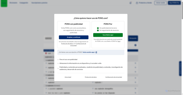 Security scan screenshot of https://es.pons.com/traducci%C3%B3n/ingl%C3%A9s-espa%C3%B1ol/explosion