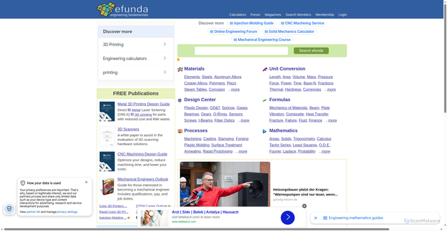 Security scan screenshot of https://www.efunda.com