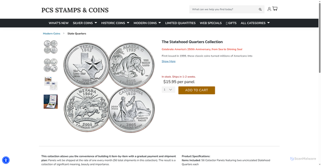 Security scan screenshot of https://www.pcscoins.com/modern-coins/state-quarters/the-statehood-quarters-collection-STQ.html