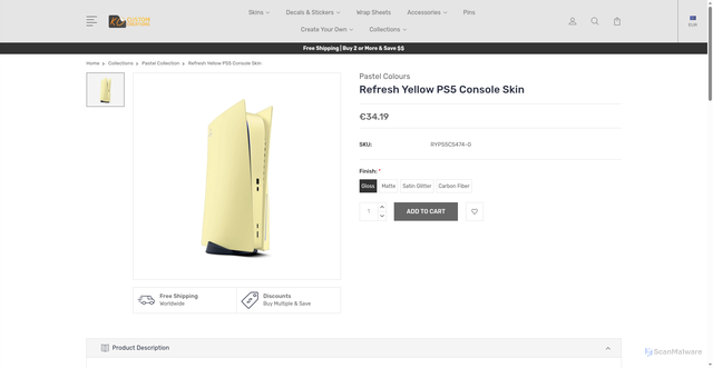 Security scan screenshot of https://kocustomcreations.com/refresh-yellow-ps5-console-skin/?srsltid=AU7gw4XB5S5q6w0XR-p6-xafJpZ3KBnbmX5FJ1kkQbM5yq8UPqYiRjTV