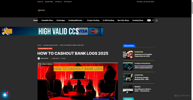 Security scan screenshot of https://craxvaults.com/how-to-cashout-bank-logs/