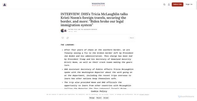 Security scan screenshot of https://washingtonreporter.news/p/interview-dhss-tricia-mclaughlin