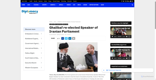 Security scan screenshot of https://diplomacyindia.com/ghalibaf-re-elected-speaker-of-iranian-parliament/