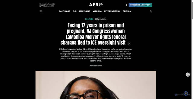 Security scan screenshot of https://www.afro.com/politics/congresswoman-faces-federal-appeal-0e2a70a6