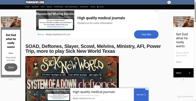 Security scan screenshot of https://www.punknews.org/article/86798/soad-deftones-slayer-scowl-melvins-ministry-afi-power-trip-more-to-play-sick-new-world-texas