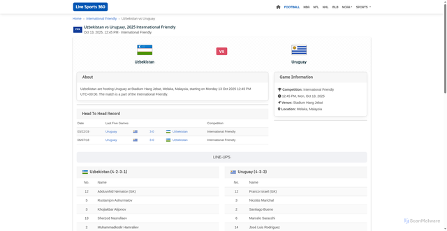Security scan screenshot of https://www.livesports360.net/soccer/758411/uzbekistan-vs-uruguay