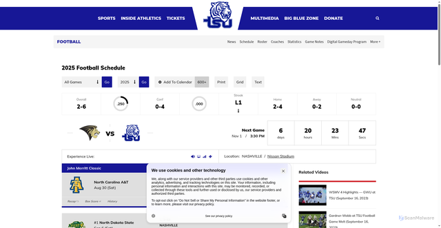 Security scan screenshot of https://tsutigers.com/sports/football/schedule/2025