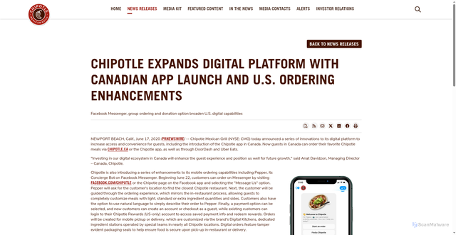 Security scan screenshot of https://newsroom.chipotle.com/2020-06-17-Chipotle-Expands-Digital-Platform-With-Canadian-App-Launch-And-U-S-Ordering-Enhancements