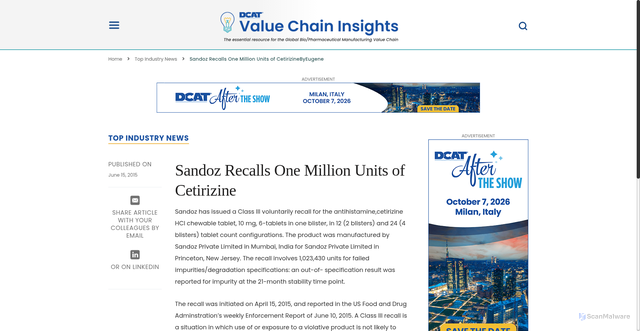Security scan screenshot of https://www.dcatvci.org/top-industry-news/sandoz-recalls-one-million-units-of-cetirizine/