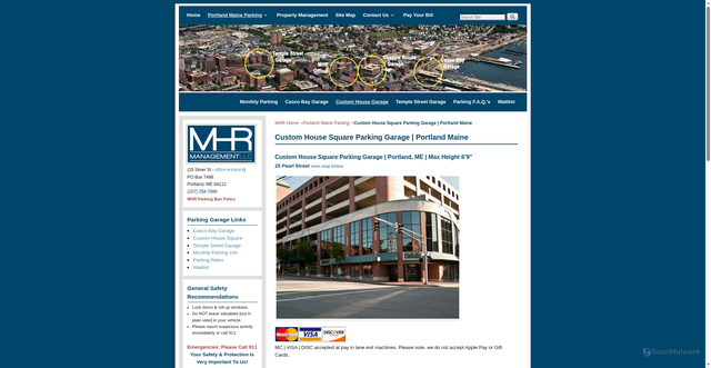 Security scan screenshot of https://www.mhrmanagement.com/portland-maine-parking/custom-house-square-parking-garage/