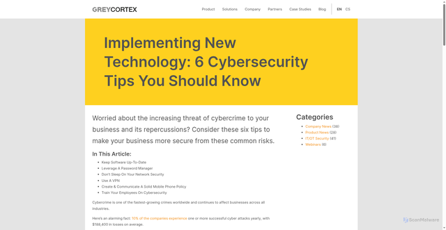 Security scan screenshot of https://www.greycortex.com/blog/implementing-new-technology-6-cybersecurity-tips-you-should-know