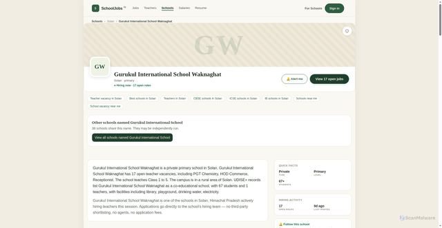 Security scan screenshot of https://schooljobsinindia.com/schools/gurukul-international-school-waknaghat-02090313404