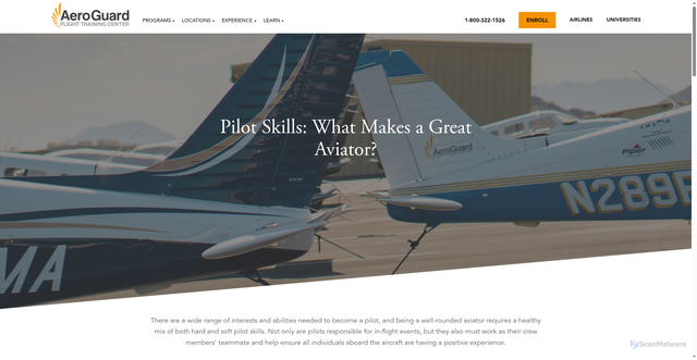 Security scan screenshot of https://www.flyaeroguard.com/learn/how-to-become-a-pilot/pilot-skills/