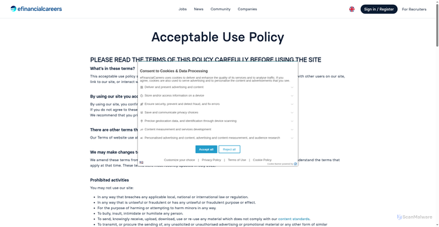 Security scan screenshot of https://www.efinancialcareers.co.uk/jobs/communications/at-allstate-insurance-company