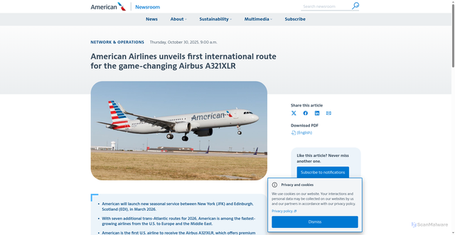Security scan screenshot of https://news.aa.com/news/news-details/2025/American-Airlines-unveils-first-international-route-for-the-Airbus-A321XLR-NET-RTS-10/default.aspx