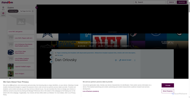 Security scan screenshot of https://americanfootballdatabase.fandom.com/wiki/Dan_Orlovsky