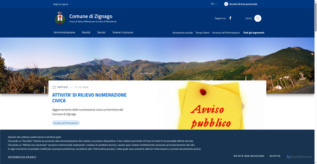 Security scan screenshot of https://www.comune.zignago.sp.it/