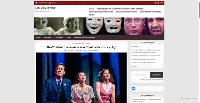 Security scan screenshot of https://newyorktheater.me/2025/11/18/this-world-of-tomorrow-review-tom-hanks-writes-a-play/