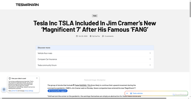 Security scan screenshot of https://www.tesmanian.com/blogs/tesmanian-blog/tesla-inc-tsla-included-in-jim-cramer-s-new-magnificent-7-after-his-famous-fang