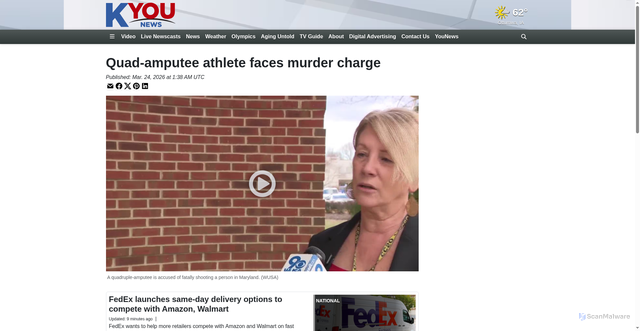 Security scan screenshot of https://www.kyoutv.com/video/2026/03/24/quad-amputee-athlete-faces-murder-charge/