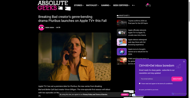 Security scan screenshot of https://www.absolutegeeks.com/article/tv/breaking-bad-creators-genre-bending-drama-pluribus-launches-on-apple-tv-this-fall/