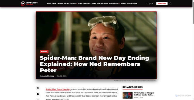 Security scan screenshot of https://noscriptneeded.com/spider-man-brand-new-day-ending-explained-ned-remembers-peter/