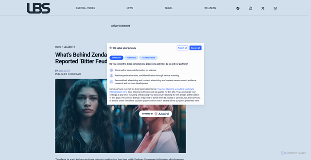 Security scan screenshot of https://www.lovebscott.com/whats-behind-zendaya-and-sydney-sweeneys-reported-bitter-feud