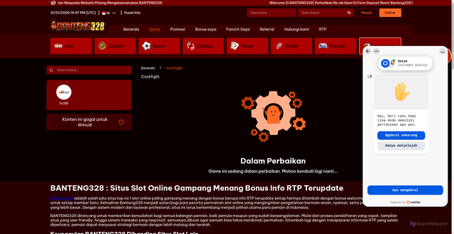 Security scan screenshot of https://banteng328pdip.live/games/cockfight