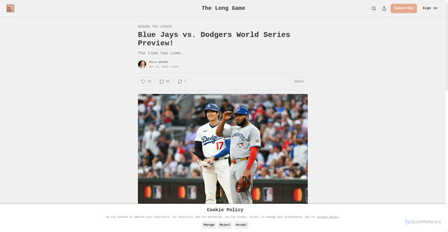 Security scan screenshot of https://mollyknight.substack.com/p/blue-jays-vs-dodgers-world-series