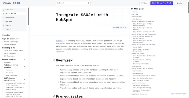 Security scan screenshot of https://ssojet-docs.pages.dev/en/how-to-guides/integrations/crm/hubspot/