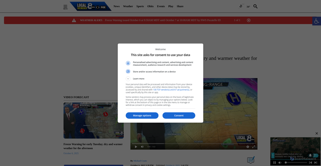 Security scan screenshot of https://localnews8.com/weather/local-forecast/2025/10/06/freeze-warning-for-early-tuesday-dry-and-warmer-weather-for-the-afternoon/