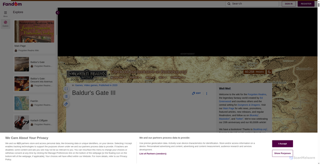 Security scan screenshot of https://forgottenrealms.fandom.com/wiki/Baldur%27s_Gate_III