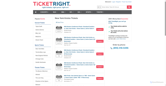 Security scan screenshot of https://www.ticketright.com/events/ny-knicks